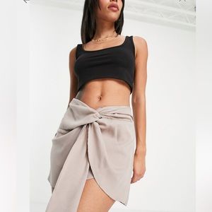 Misguided Chiffon Cover Up Skirt With Knot Front in Tan